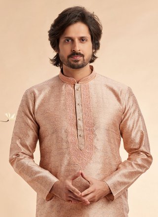 Peach Jacquard Silk Kurta Pyjama