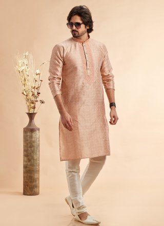 Peach Jacquard Silk Kurta Pyjama