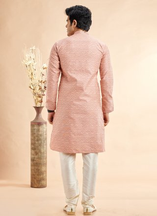 Peach Jacquard Silk Machine Embroidery and Mirror Work Kurta Pyjama