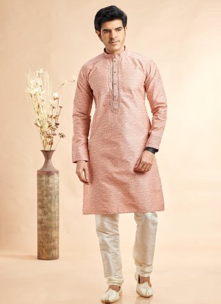 Peach Jacquard Silk Machine Embroidery and Mirror Work Kurta Pyjama