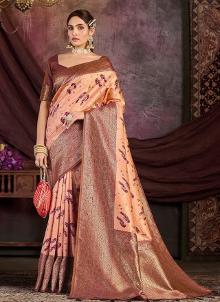 Peach Kanjivaram Silk Weaving Work Designer Sari