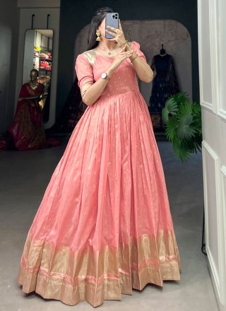 Peach Khadi  Designer Gown with Weaving and Zari Work for Casual