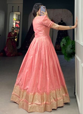 Peach Khadi  Designer Gown with Weaving and Zari Work for Casual