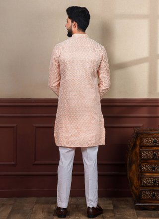 Peach Silk Chikankari and Embroidered Work Kurta Pyjama for Casual