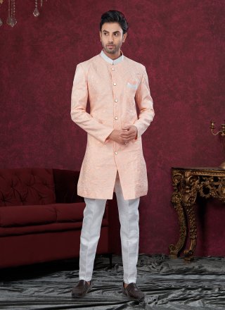Peach Machine Embroidery and Thread Work Silk Indo Western