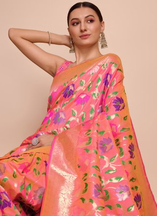 Peach Meenakari and Weaving Work Paithni Contemporary Sari