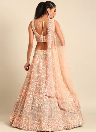 Peach Net A - Line Lehenga Choli with Cord, Embroidered, Sequins and Thread Work