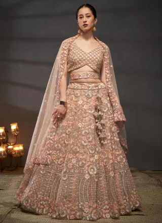 Peach Net A - Line Lehenga Choli with Cord, Embroidered, Sequins and Thread Work
