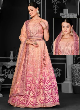 Peach Net Cord, Embroidered and Sequins Work Lehenga Choli for Mehndi