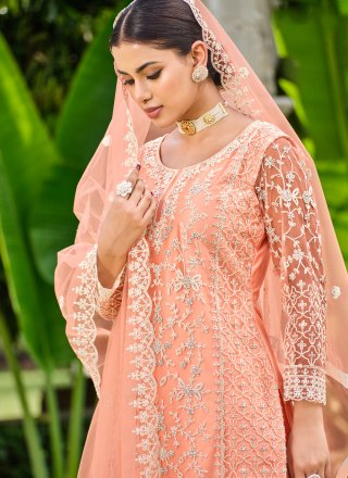 Peach Net Cord, Embroidered and Stone Work Salwar Suit for Women