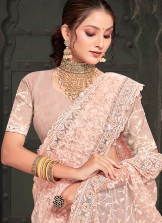 Peach Net Designer Sari with Embroidered, Resham, Sequins and Stone Work for Women