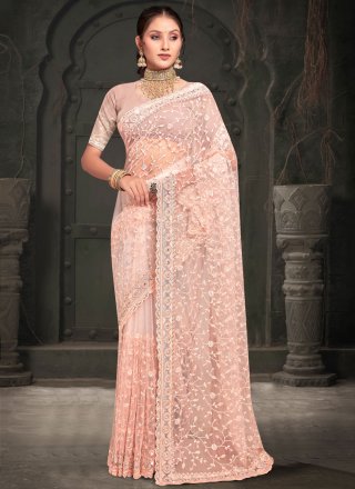 Peach Net Designer Sari with Embroidered, Resham, Sequins and Stone Work for Women