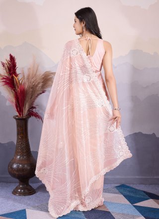 Peach Net Embroidered and Sequins Work Classic Sari