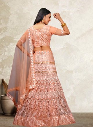 Peach Net Embroidered, Sequins and Thread Work A - Line Lehenga Choli