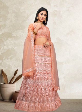 Peach Net Embroidered, Sequins and Thread Work A - Line Lehenga Choli