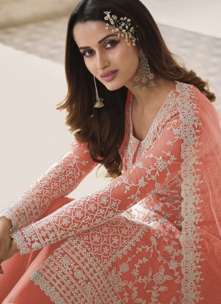 Peach Net Embroidered Work Salwar Suit for Ceremonial