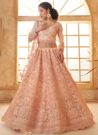 Peach Net Lehenga Choli with Cord, Floral Patch, Stone and Thread Work