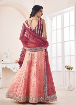 Peach Organza A - Line Lehenga Choli with Embroidered, Sequins and Zari Work