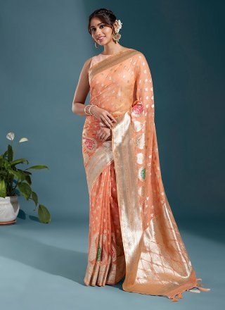 Blush Peach Woven Kanjivaram Silk Saree
