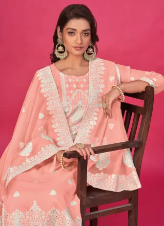 Peach Organza Designer with Woven Work for Women