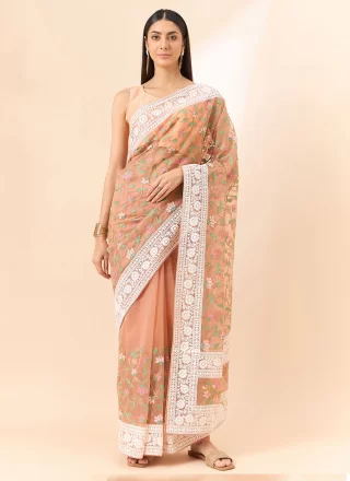 Peach Organza Embroidered and Floral Patch Work Classic Sari