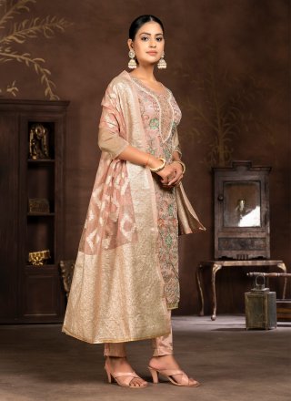 Peach Organza Embroidered and Hand Work Salwar Suit for Ceremonial