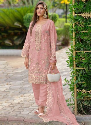 Peach Organza Embroidered and Khatli Work Salwar Suit