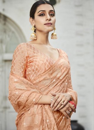 Peach Organza Embroidered and Stone Work Trendy Saree for Ceremonial