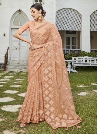 Pure Chiffon Wedding Wear Saree In Pink WIth Embroidery Work & Crystal Stone  work - Saree