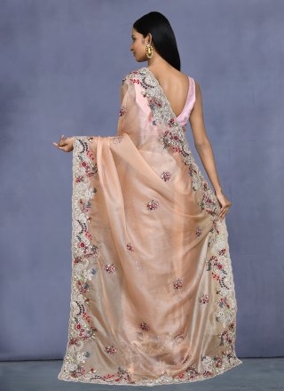 Peach Organza Embroidered, Floral Patch and Stone Work Traditional Saree