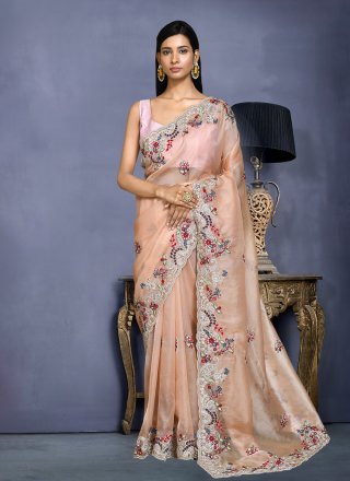 Peach Organza Embroidered, Floral Patch and Stone Work Traditional Saree