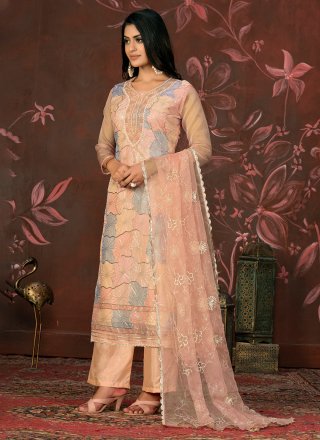 Peach Organza Embroidered Work Salwar Suit for Women