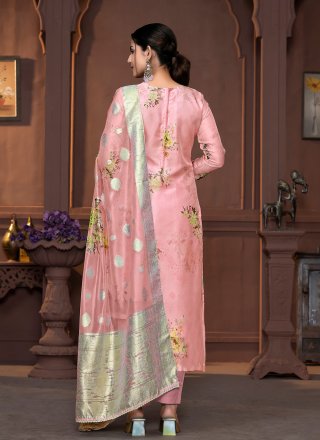 Peach Organza Hand and Print Work Pant Style Suit for Casual