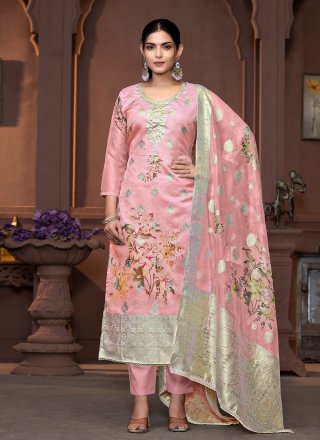 Peach Organza Hand and Print Work Pant Style Suit for Casual