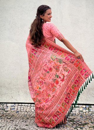 Peach Pashmina Designer Saree with Kashmiri, Meenakari and Woven Work