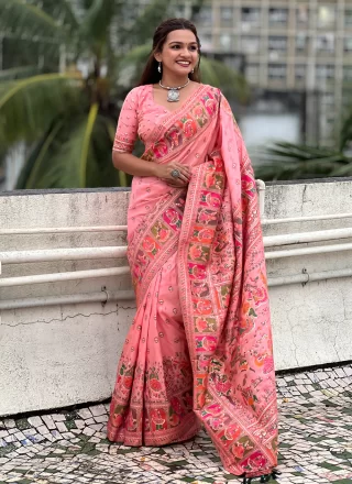 Peach Pashmina Designer Saree with Kashmiri, Meenakari and Woven Work