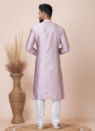 Peach Print Work Jacquard Silk Kurta Pyjama