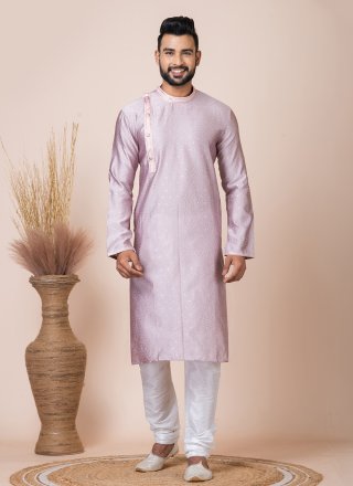 Peach Print Work Jacquard Silk Kurta Pyjama