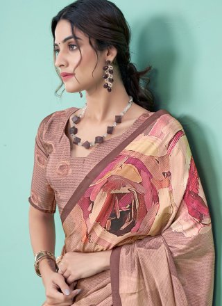 Peach Pure Crepe Digital Print Work Classic Sari for Casual