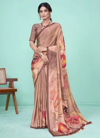 Peach Pure Crepe Digital Print Work Classic Sari for Casual