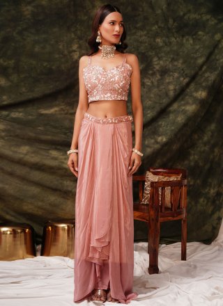 Peach Pure Crepe Readymade Salwar Suit with Embroidered, Sequins and Thread Work for Ceremonial