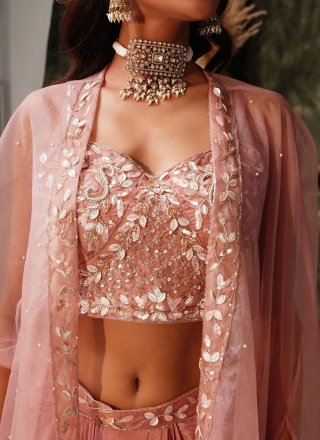 Peach Pure Crepe Readymade Salwar Suit with Embroidered, Sequins and Thread Work for Ceremonial