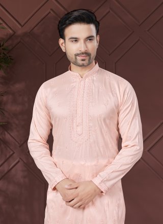 Peach Pure Silk Kurta Pyjama with Embroidered and Sequins Work