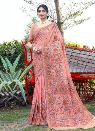 Peach Pure Silk Weaving Work Classic Saree