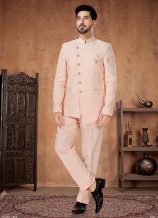 Peach Rayon Jodhpuri Suit with Buttons Work