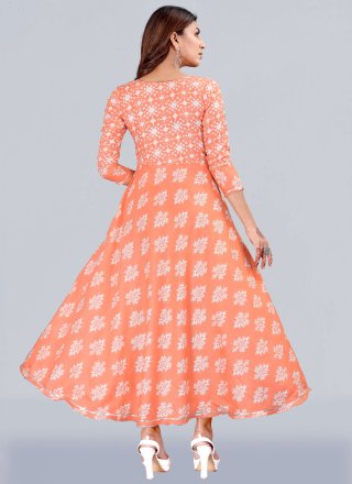 Peach Rayon Print Work Designer Gown for Casual