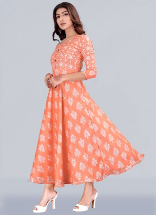 Peach Rayon Print Work Designer Gown for Casual