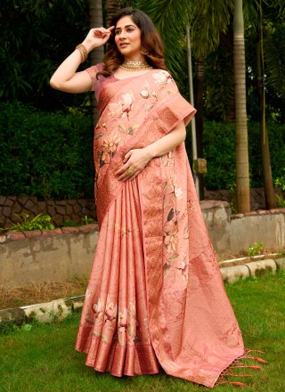 Peach Satin Digital Print and Weaving Work Traditional Saree
