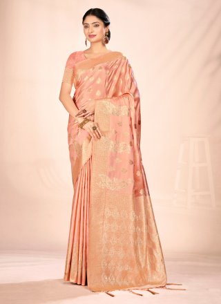 Peach Satin Silk Designer Sari with Weaving Work for Ceremonial