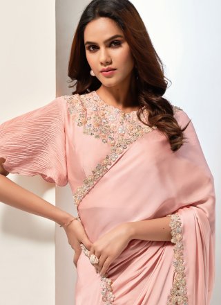 Peach Satin Silk Embroidered, Moti and Sequins Work Classic Sari for Women